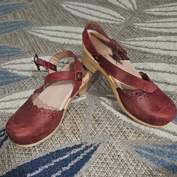 Dansko Shoes - Dansko Burgundy Leather Mary Jane Heels with Ankle Strap